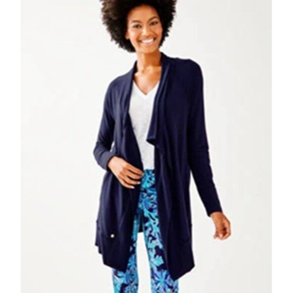 Lilly PUlitzer Small CARMELA Luxletic Open Wrap cardigan sweater Jacket NAVY